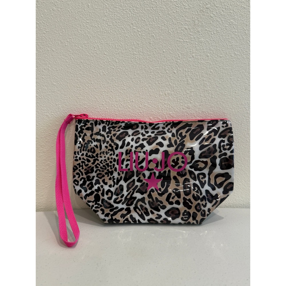 Liu Jo Leopard Print Cosmetic Bag Pink Wristlet Strap Animal Print Makeup Pouch